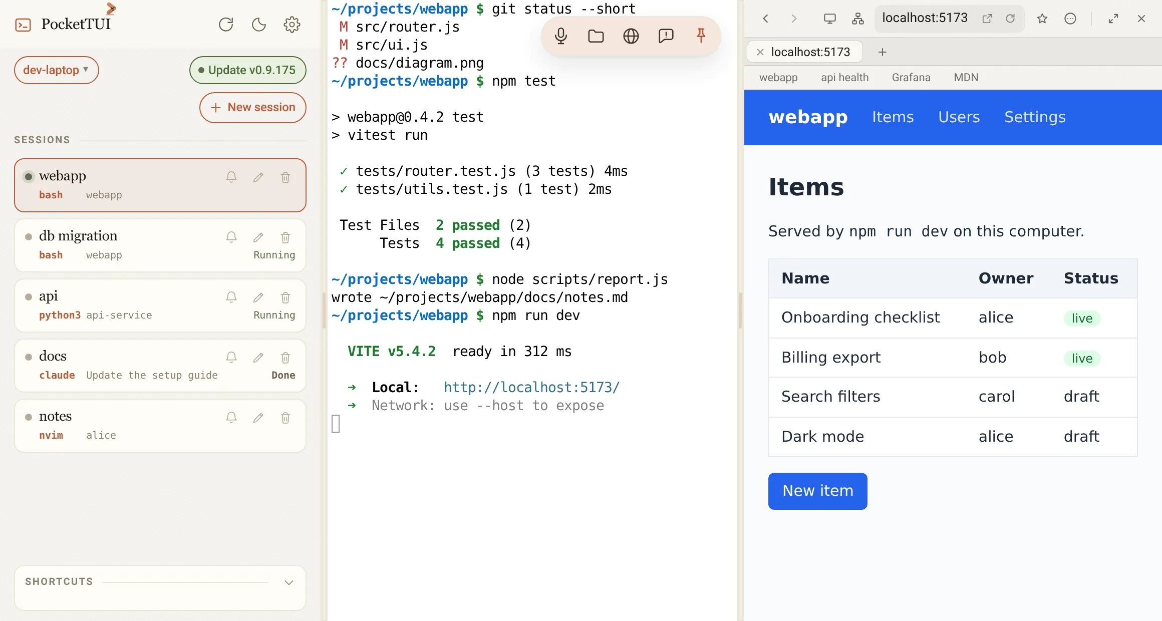 The browser pane showing a dev server on the computer: tabs, the address field, bookmarks bar, and the stream and network keys.