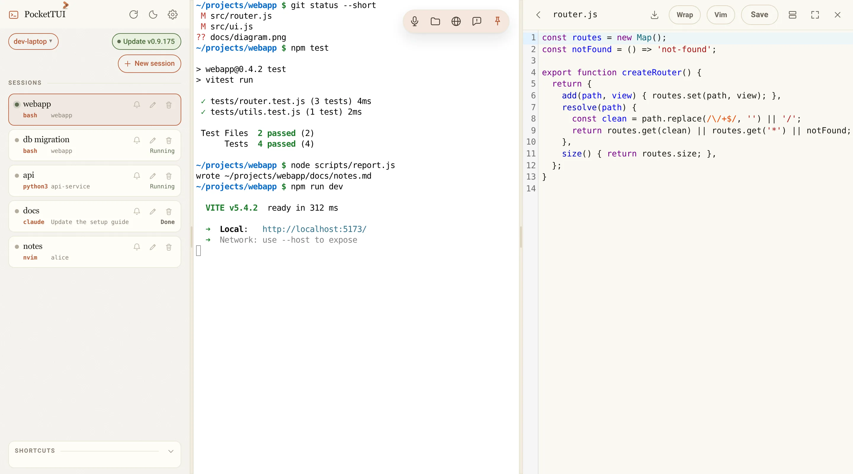 A file open in the editor beside the terminal, with Wrap, Vim and Save in its bar.