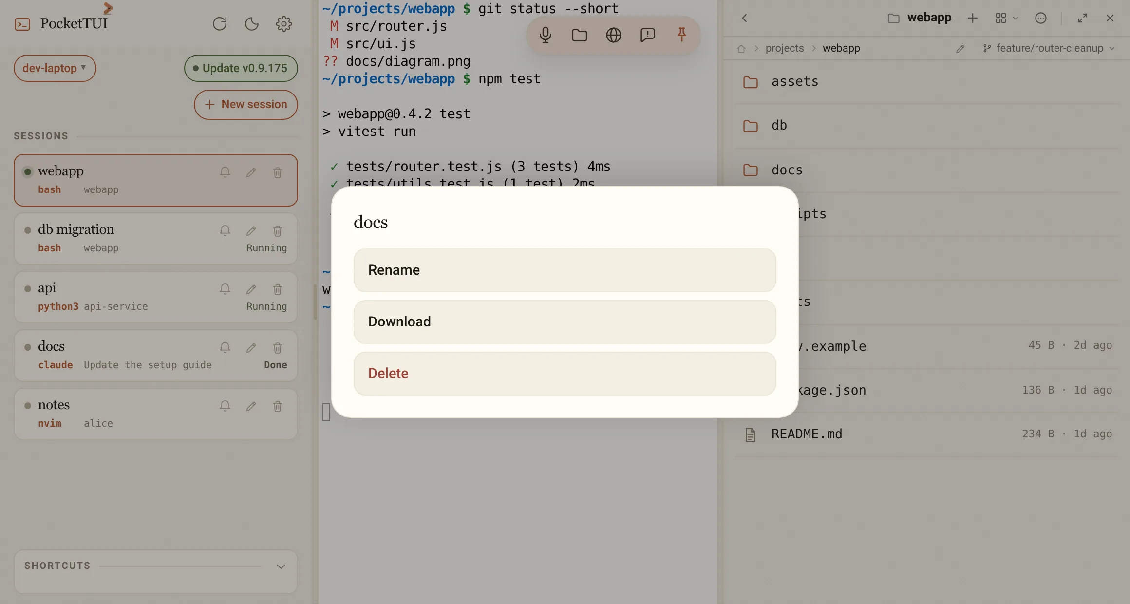 Right-clicking a folder in the file browser: Download, Rename and Delete.