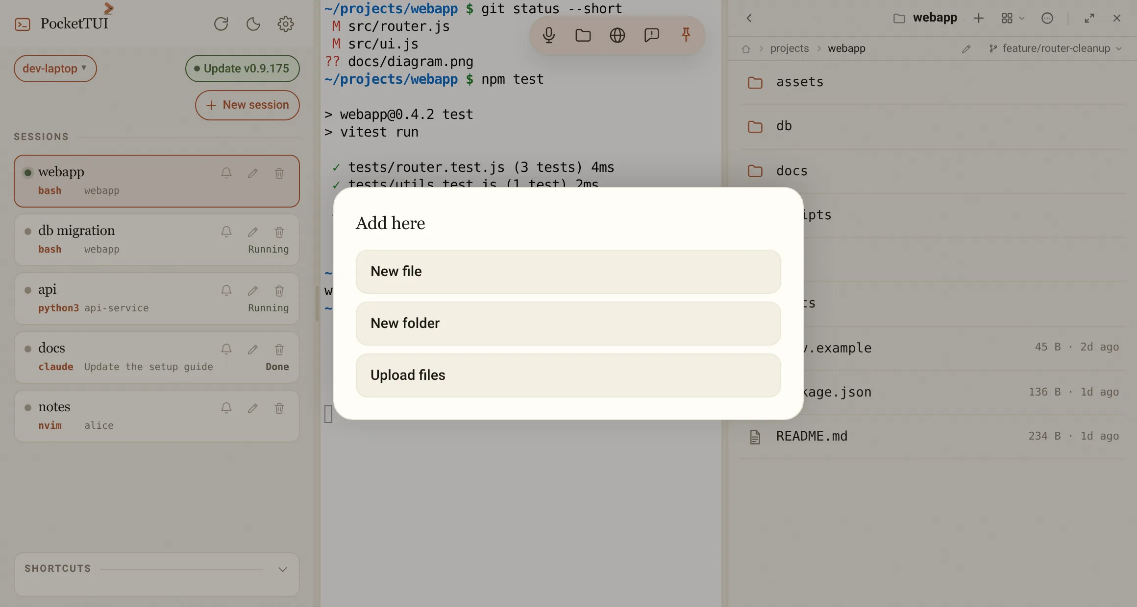 The + menu in the file browser: new file, new folder, upload.