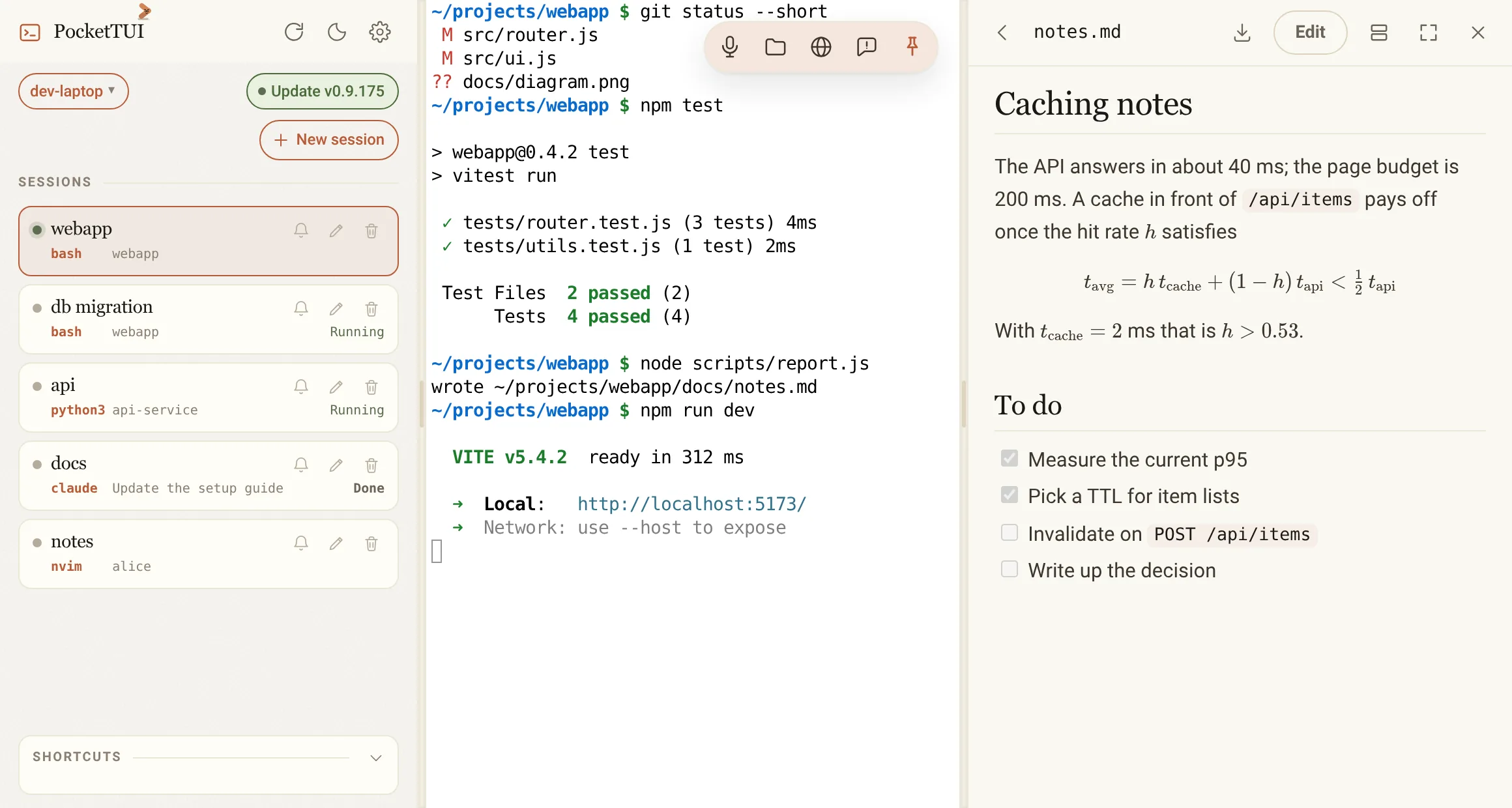 A Markdown file in the reader: formatted text, a formula and a task list.