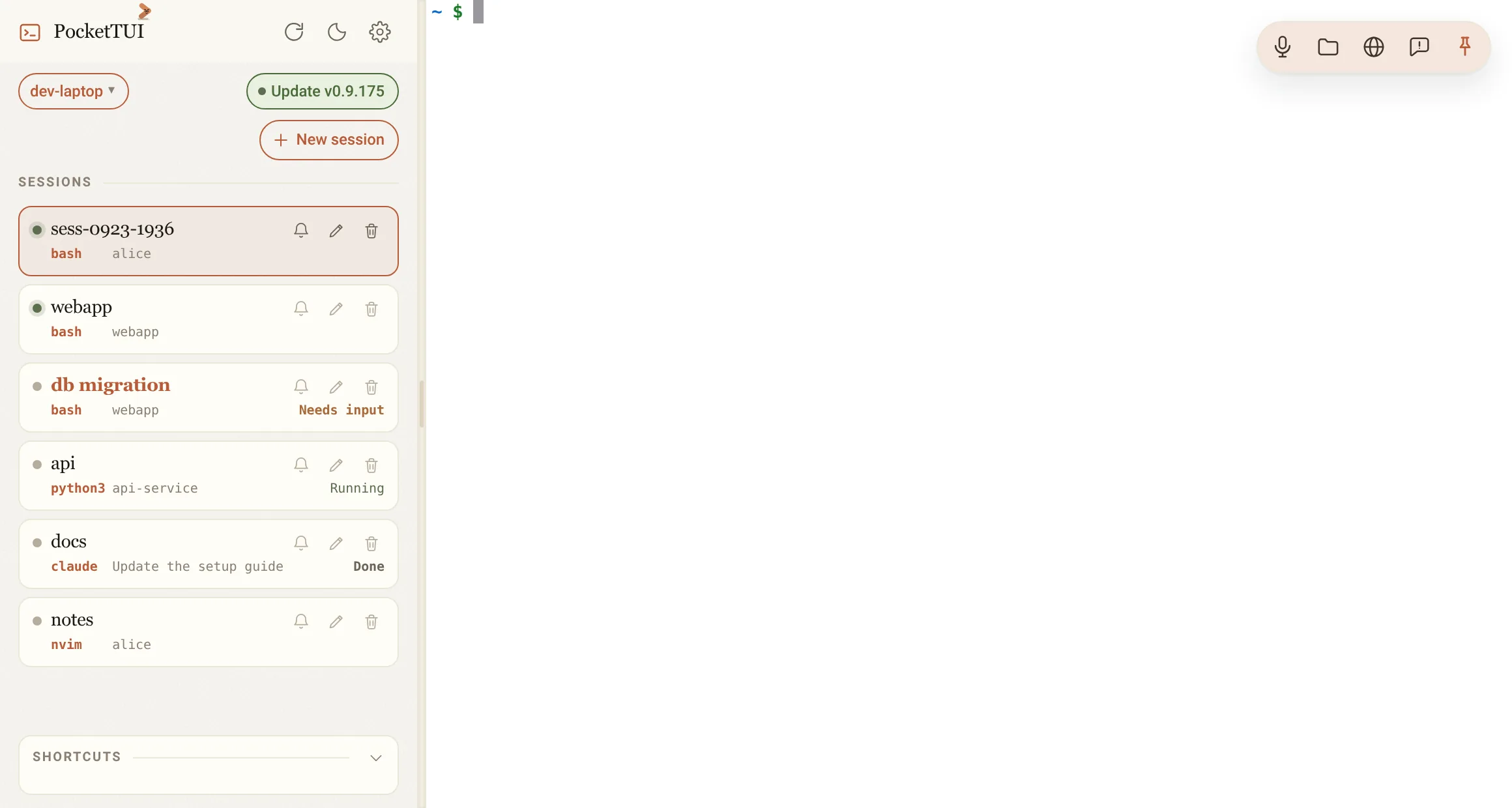 Ctrl+Shift+L made a new session with a dated name and opened it.