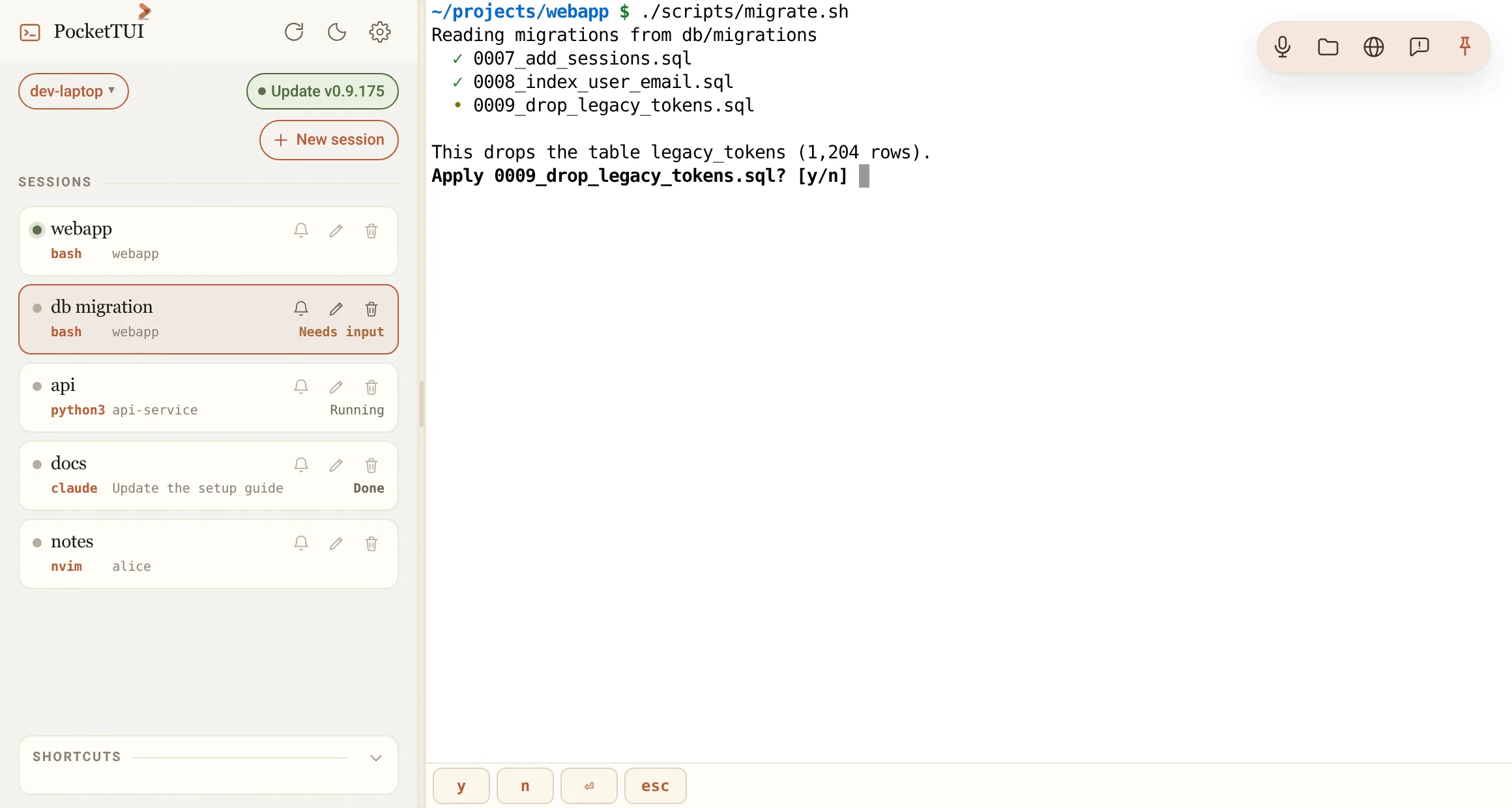 A session waiting on a yes/no question: one-tap answer chips appear above the terminal.