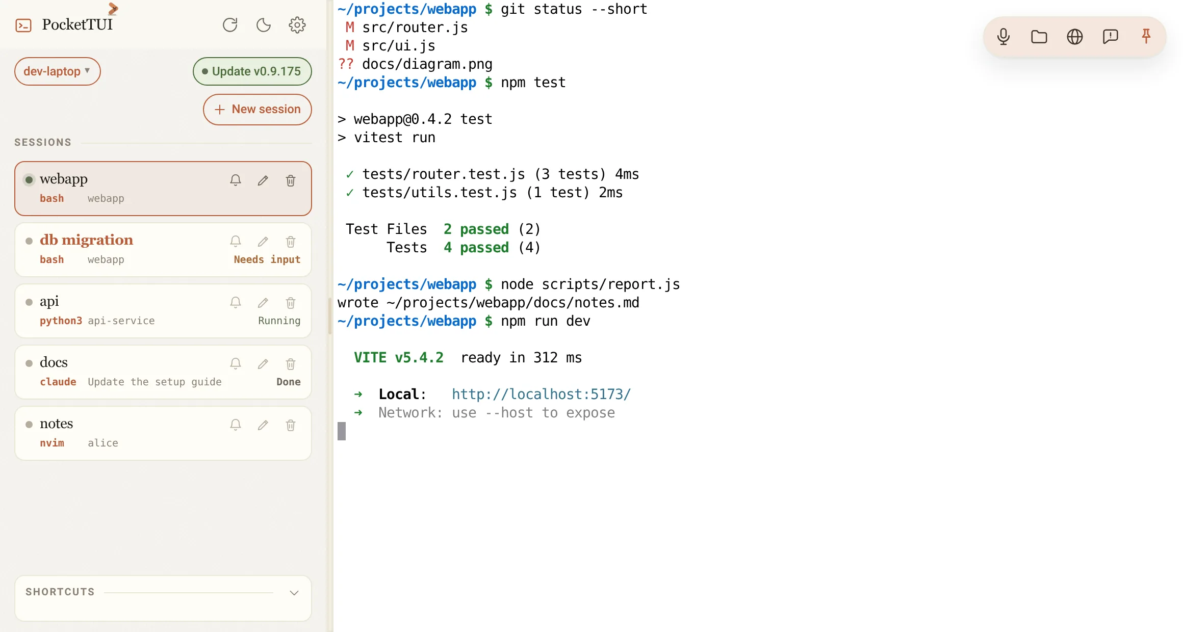 The session sidebar: every session with its program and folder, Running, Needs input and Done badges, an unread session in bold, and a bell per row.
