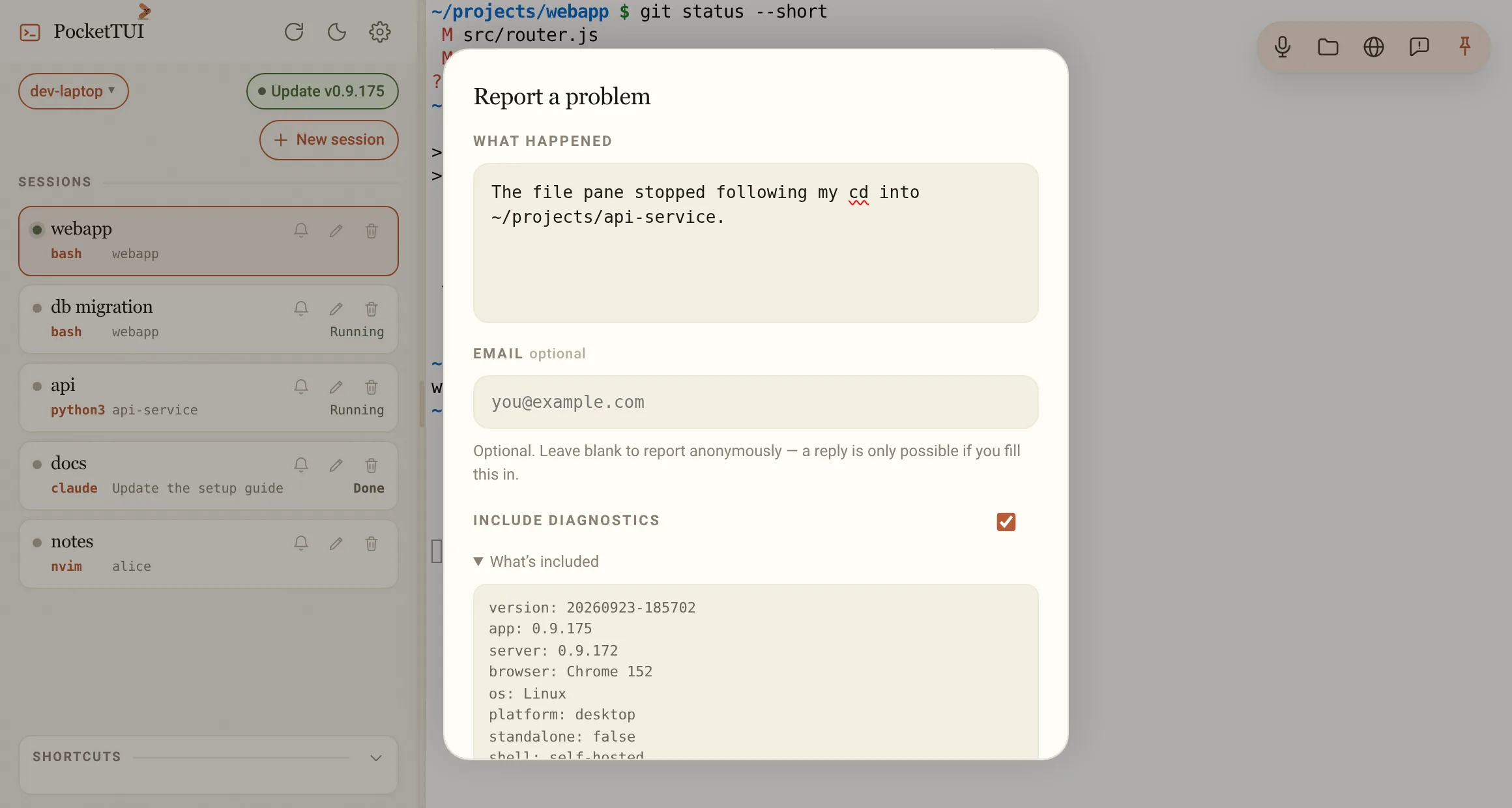 Report a problem, with the diagnostics that will be sent shown before sending.