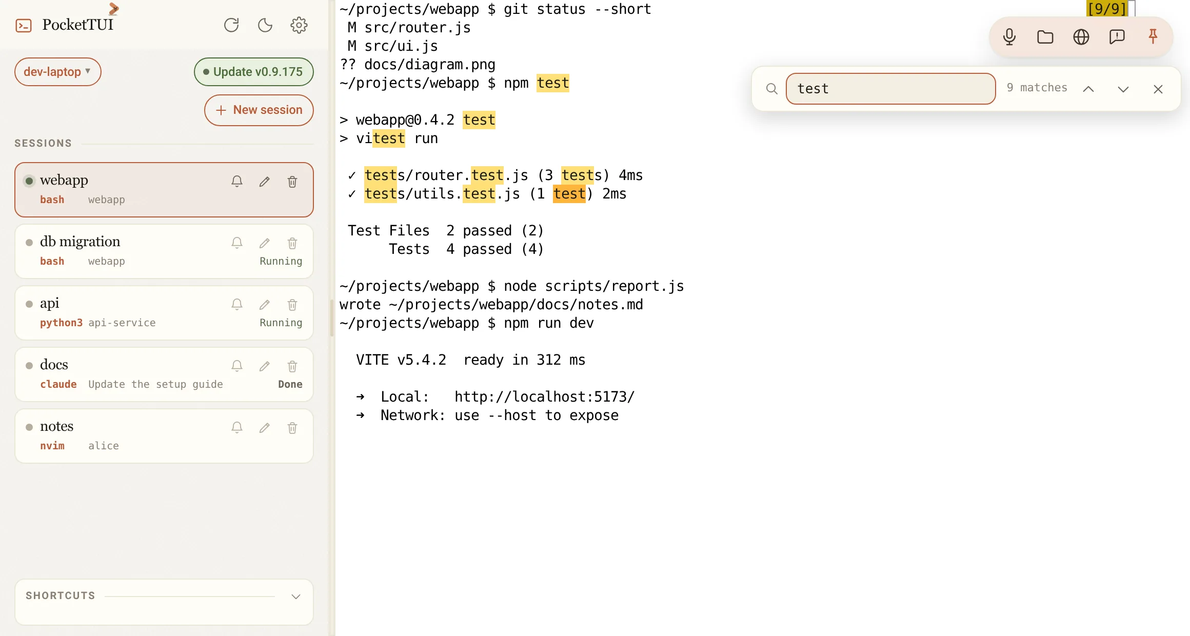 Searching the terminal's history with Ctrl+Shift+F: matches are highlighted and counted.