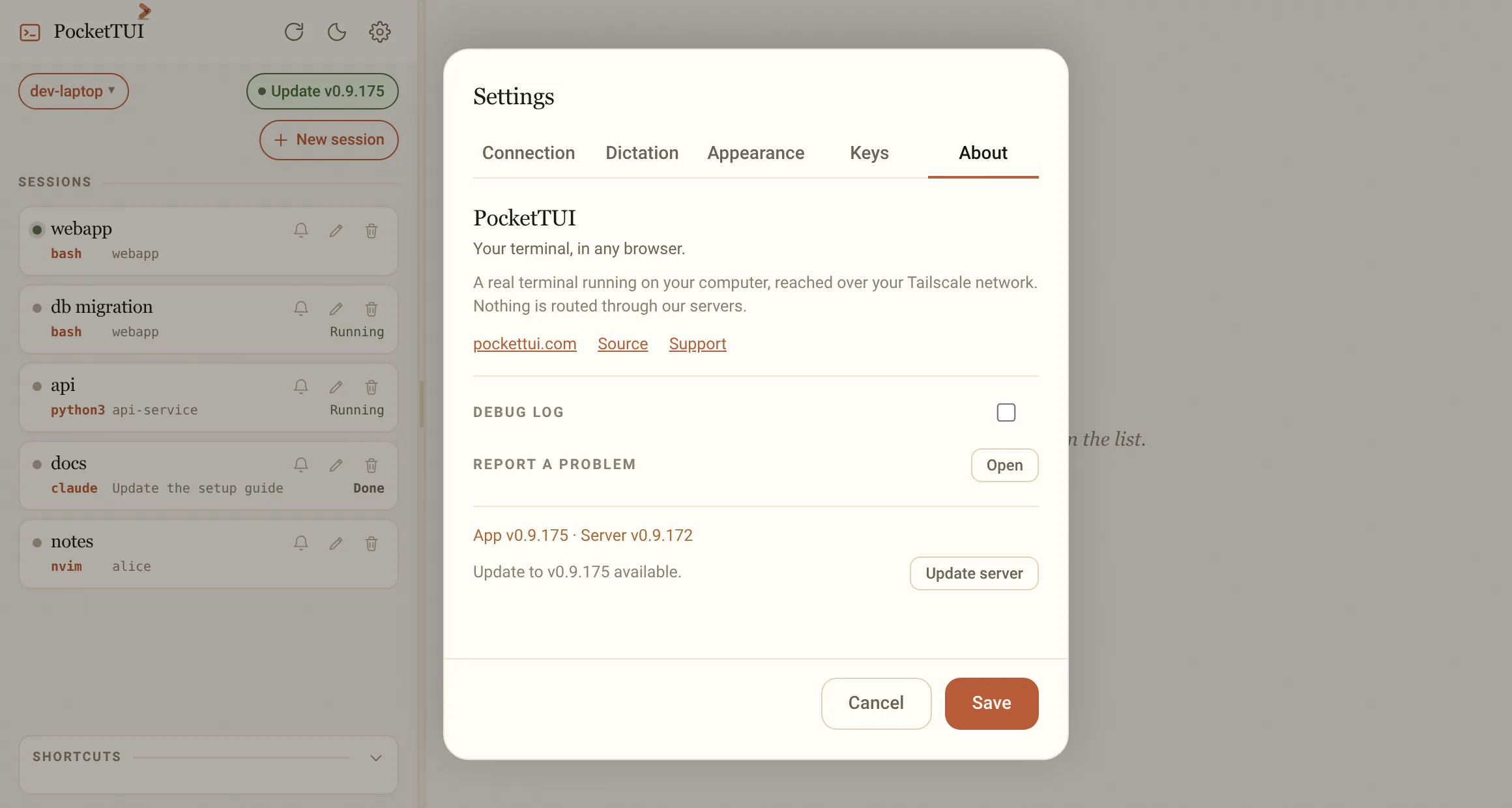 Settings, About: the app and server versions, the Update server button, the debug log switch and Report a problem.