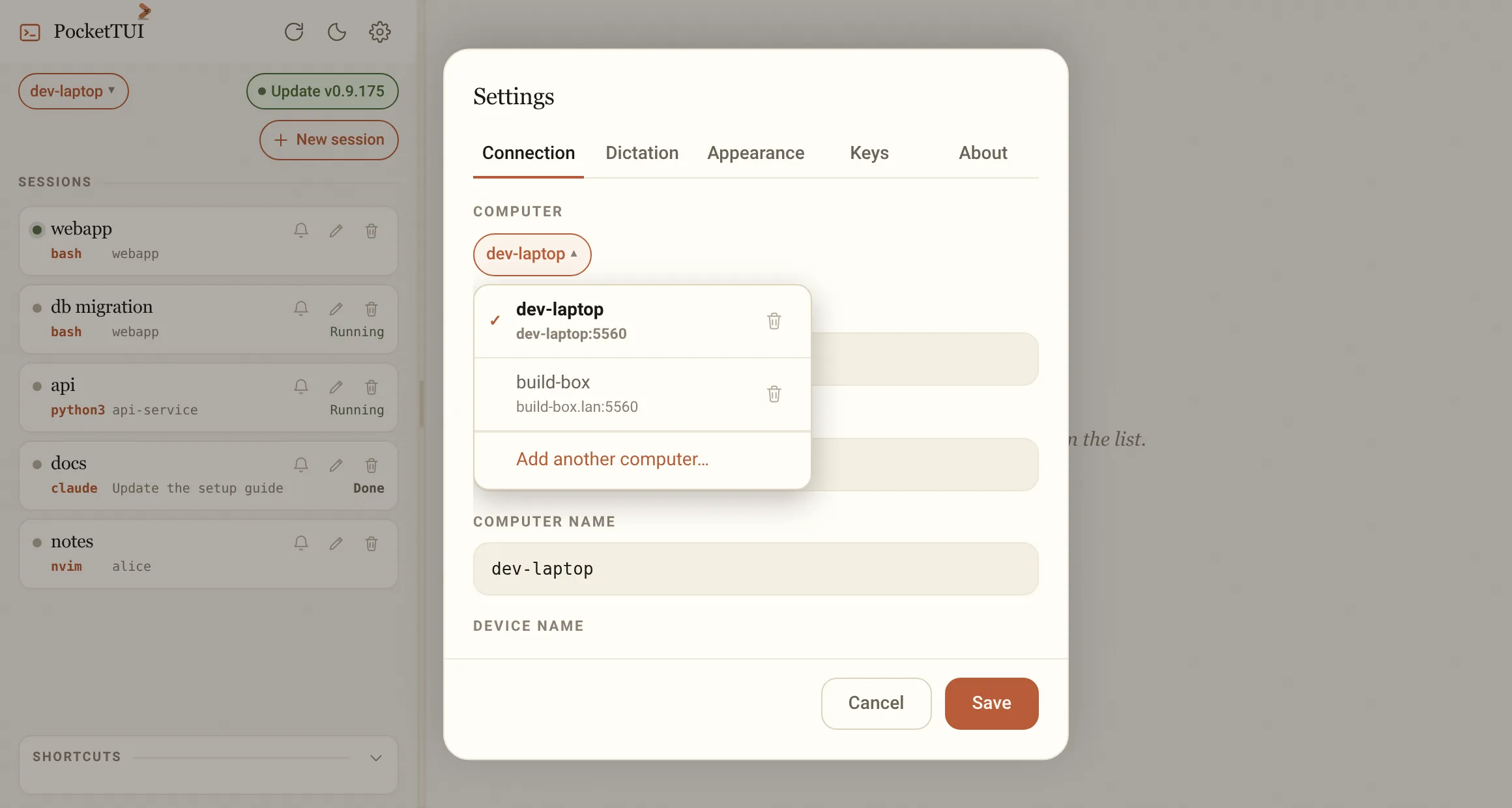 Settings, Connection: the computer chooser open with two computers and Add another computer, above the address, pairing code and names.