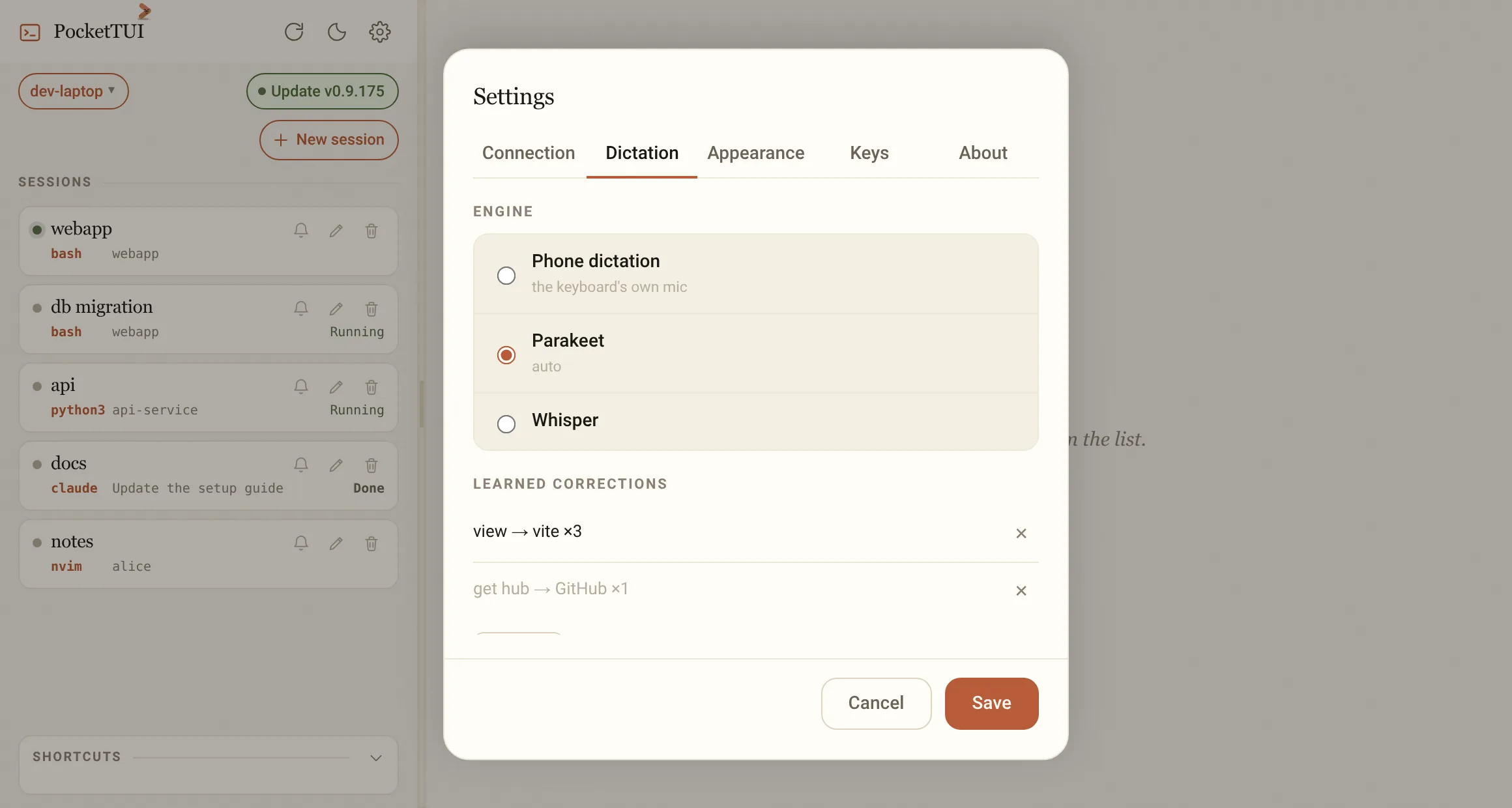 Settings, Dictation: the speech engine choice and the corrections dictation has learned.