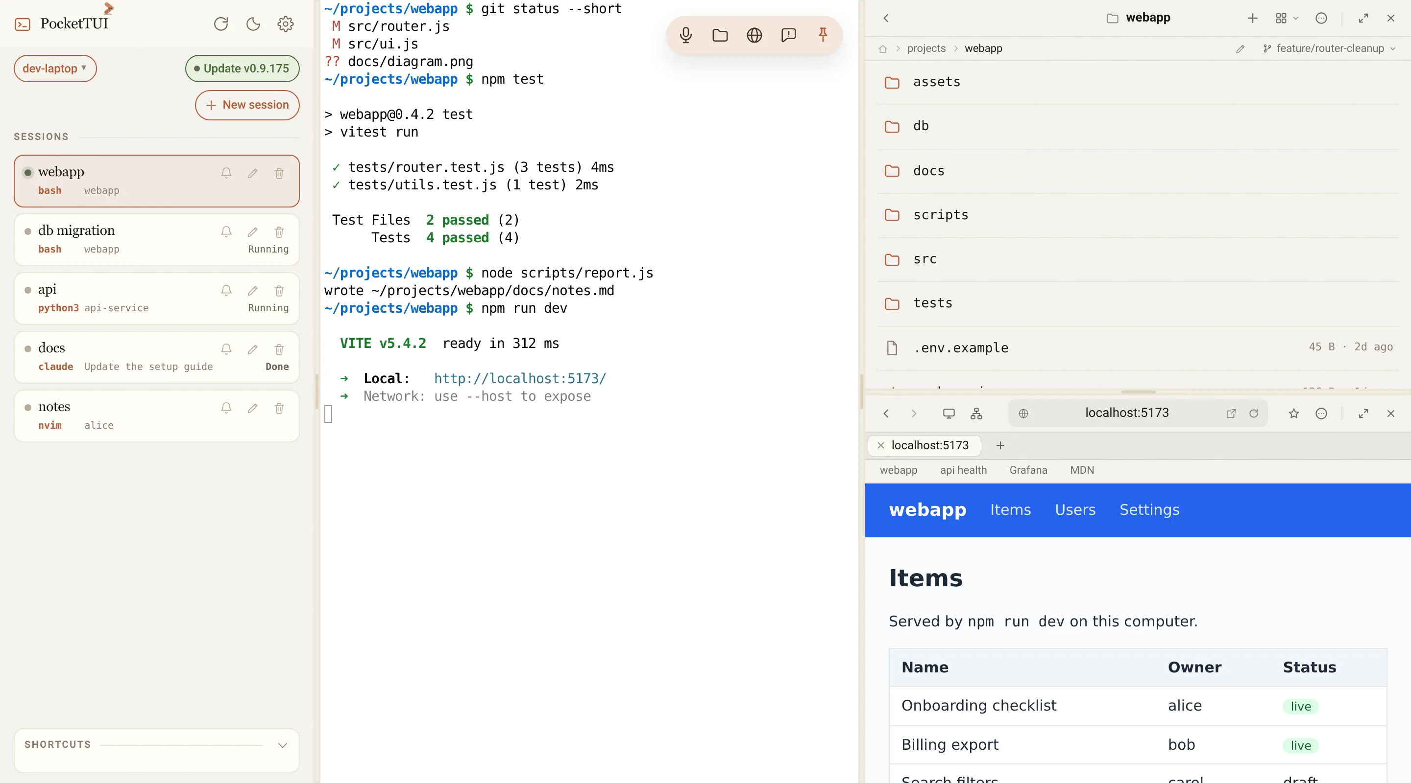 Two tools stacked beside the terminal: the file browser above the browser, with the seam between them.