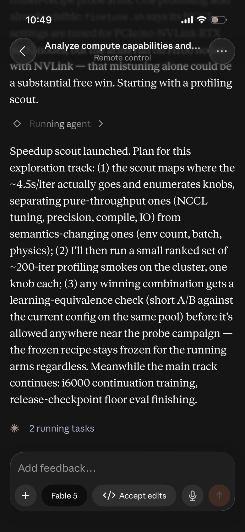 A Claude Code session in the Claude app's remote control: a chat-style rendering of the agent's plan.