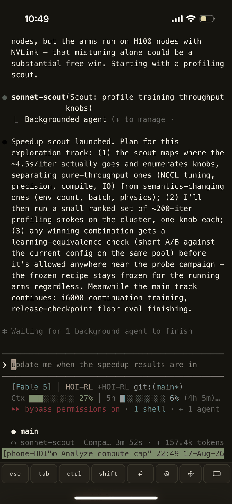 The same Claude Code session in PocketTUI: the actual terminal interface, agents and status line included.