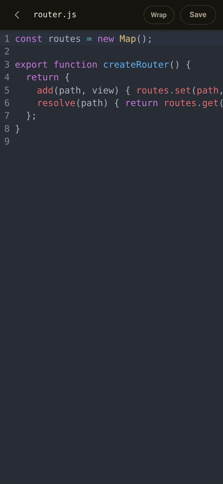 A JavaScript file open in the built-in editor on a phone, with line numbers, syntax colours and Wrap and Save buttons.