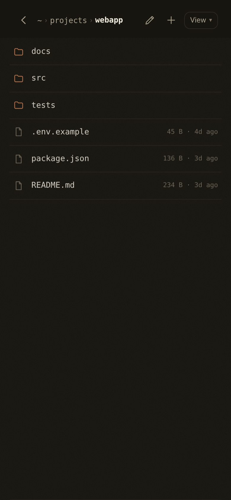 The file browser on a phone, showing the docs, src and tests folders and three files of a project with their sizes and ages.