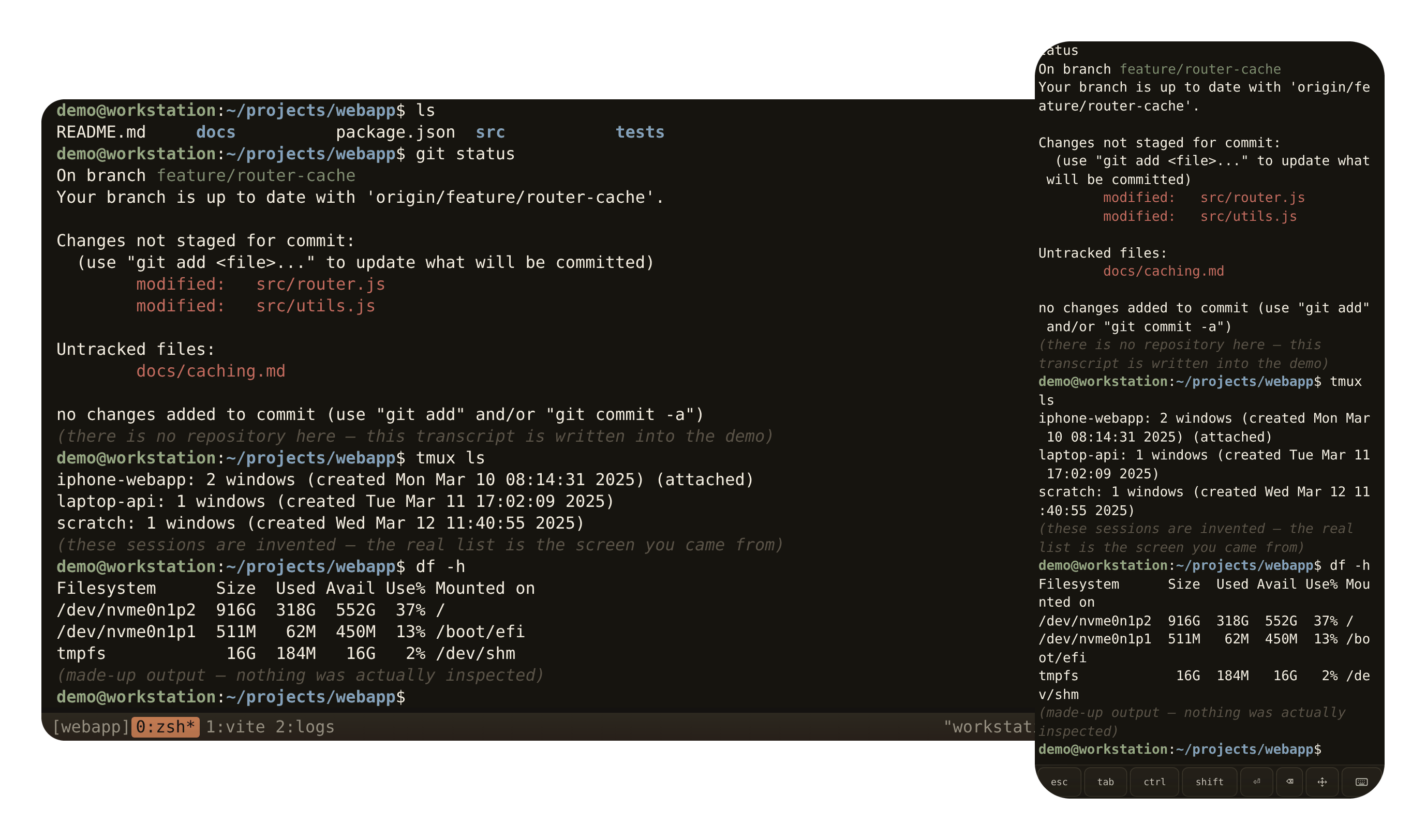 A tmux session on the computer, and the same session attached on a phone
