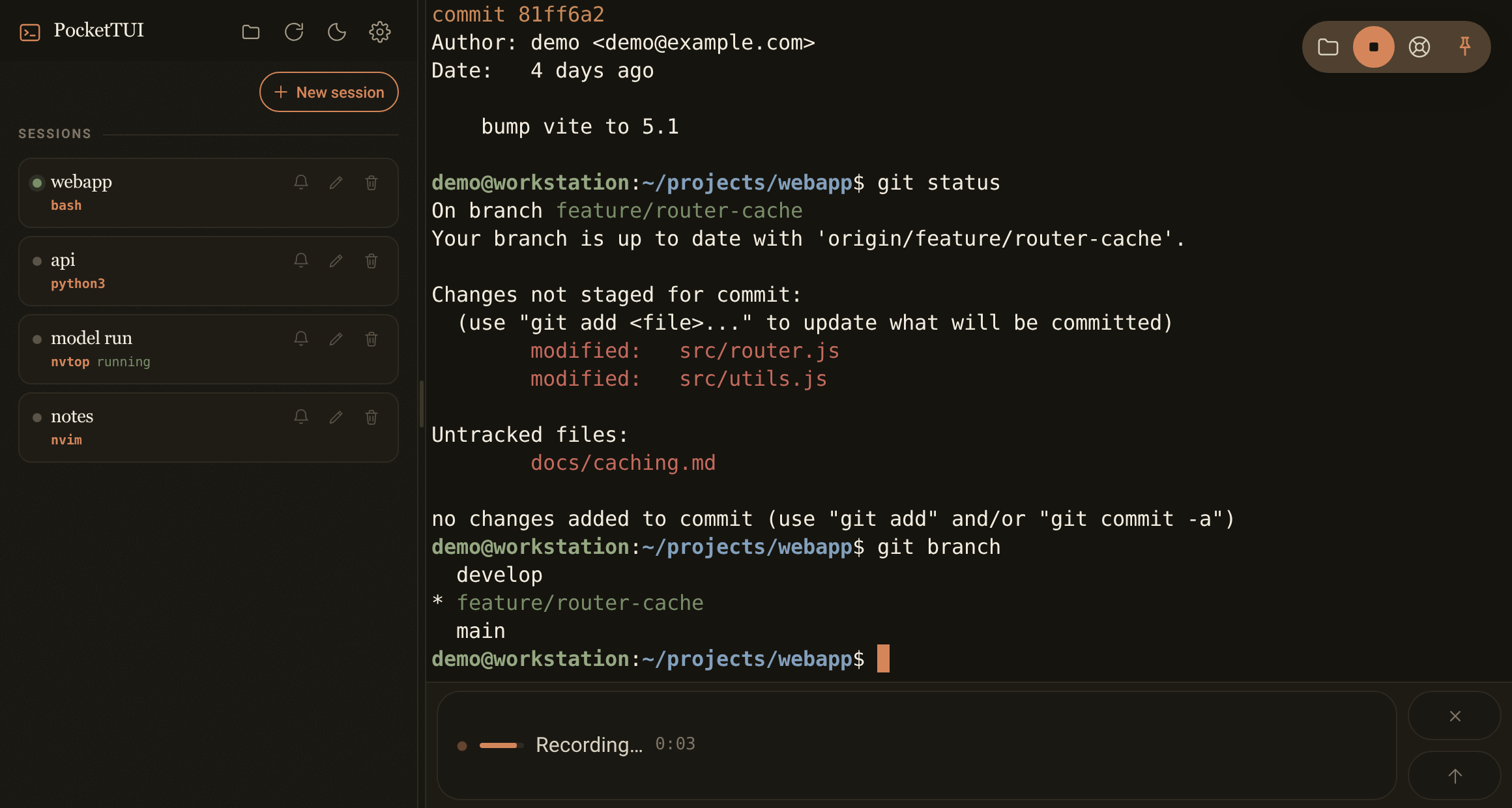 PocketTUI on a laptop while dictating: the mic in the key pill at the top right is lit and a recording pill with a timer is showing over the terminal.
